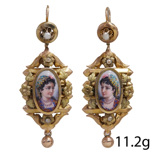 212 - PAIR OF ANTIQUE SWISS ENAMEL PAINTED EARRINGS, 
11.2 grams high carat gold 
Fine enamelled portraits... 