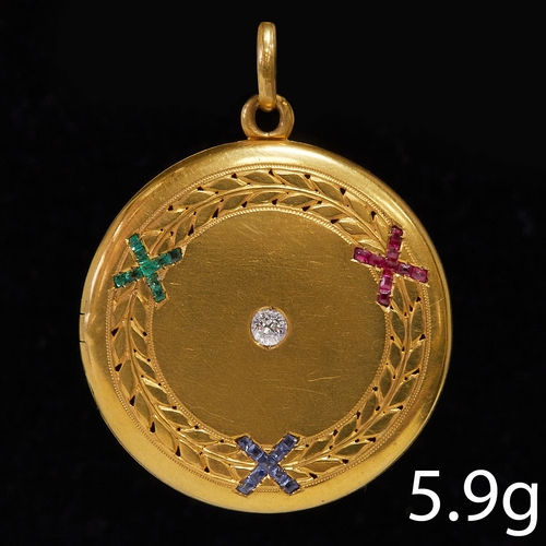 213 - FINE ANTIQUE DIAMOND, RUBY, SAPPHIRE AND EMERALD LOCKET PENDANT,
5.9 grams, testing 18 ct. gold.
Dia... 