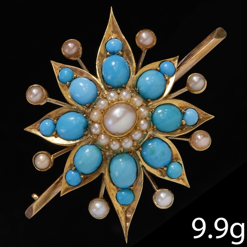 23 - VICTORIAN TURQUOISE AND PEARL GOLD BROOCH,
9.9 grams,
Vibrant turquoise
Lovely pearls (untested).
W.... 