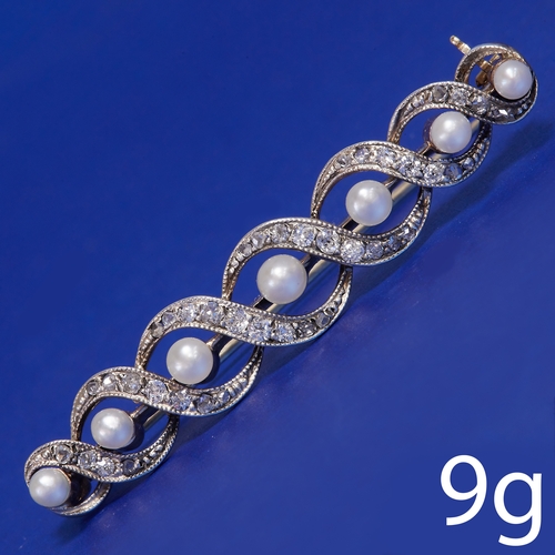 38 - VICTORIAN DIAMOND AND PEARL BAR BROOCH 
9 grams.
lively old cut  diamonds 
matching pearls  (unteste... 