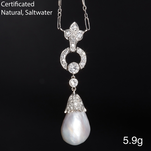 42 - IMPRESSIVE NATURAL SALTWATER PEARL AND DIAMOND PENDANT NECKLACE, 
Larger natural saltwater pearl dro... 