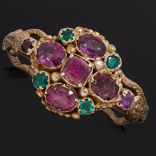 45 - ANTIQUE GARNET AND EMERALD CLUSTER RING,
High carat gold.
Vibrant garnets and emeralds.
Size O 1/2.