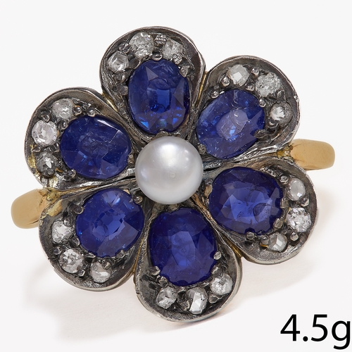 48 - ANTIQUE SAPPHIRE, DIAMOND AND PEARL RING, 
4.5 grams.
Vibrant blue sapphires.
Diamonds bright and li... 