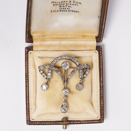 53 - EDWARDIAN DIAMOND DROP BROOCH. 
7 grams. 
Diamonds totalling approx. 3.30 ct. 
In our opinion I/J co... 