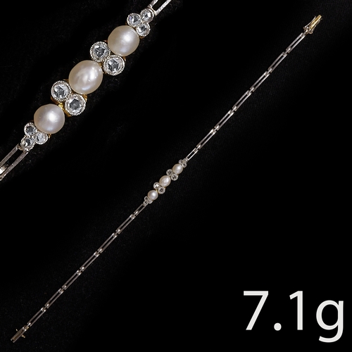 58 - PEARL AND DIAMOND BRACELET,
7.1 grams. High carat gold.
Bright and lively diamonds.
Pearls generally... 