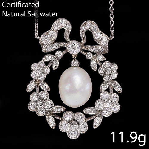 61 - FINE BELLE EPOQUE CERTIFICATED NATURAL SALTWATER PEARL AND DIAMOND PENDANT
11.9 grams, testing 18 ct... 