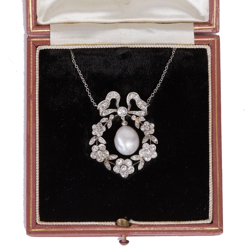 61 - FINE BELLE EPOQUE CERTIFICATED NATURAL SALTWATER PEARL AND DIAMOND PENDANT
11.9 grams, testing 18 ct... 