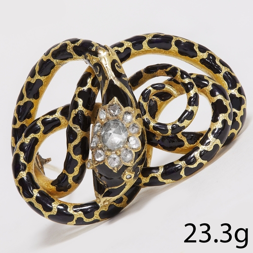 63 - VICTORIAN ROSE CUT DIAMOND AND ENAMEL SNAKE BROOCH
23.3 gram. testing 18 ct. gold.
Bright and lively... 