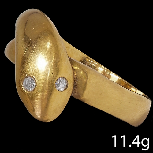 64 - VICTORIAN GOLD AND DIAMOND SNAKE RING.
11.4 grams, 18 ct. gold.
Size: Q