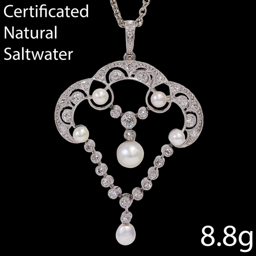 68 - CERTIFICATED  NATURAL SALTWATER PEARL AND DIAMOND BELLE EPOQUE DIAMOND PENDANT
8.8 grams, Platinum
s... 