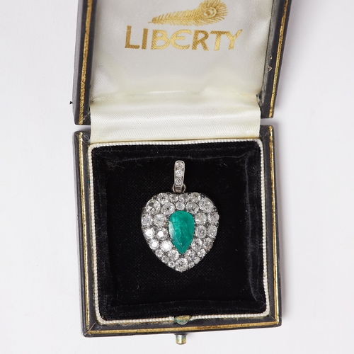 77 - IMPORTANT AND FINE ANTIQUE EMERALD AND DIAMOND HEART PENDANT,
9.6 grams.
Rich and vibrant emerald of... 