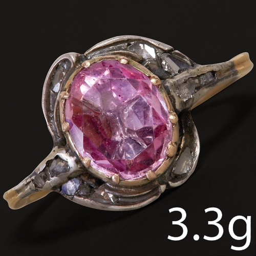 203 - FINE PINK TOPAZ AND DIAMOND RING,
3.3 grams. testing high carat gold.
Vibrant pink topaz of approx. ... 