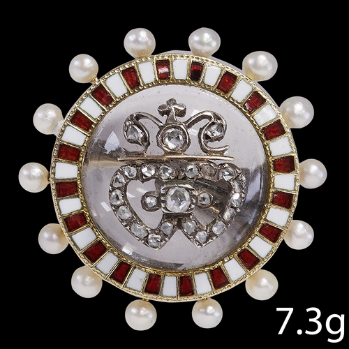 46 - ANTIQUE ENAMEL, PEARL, DIAMOND AND ROCK CRYSTAL GOLD BROOCH,
7.3 grams,
The center with a diamond do... 