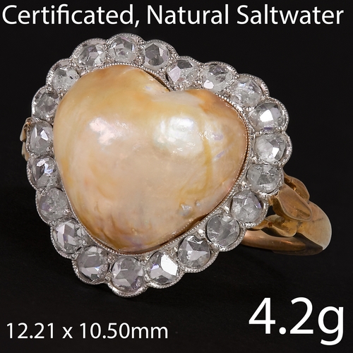 199 - CERTIFICATED NATUREL PEARL AND DIAMOND CLUSTER RING, 
4.2 grams, High carat gold.
Baroque shaped nat... 