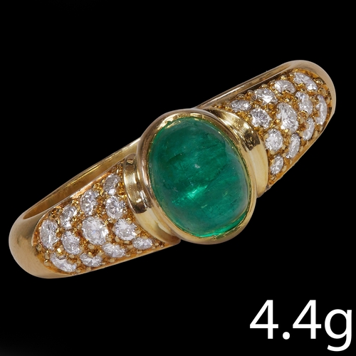 29 - CABOCHON EMERALD AND DIAMOND RING.
4.4 grams, 18 ct. gold.
Set with vibrant emerald approx. 1.25 ct.... 