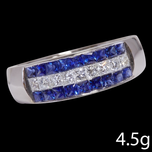 175 - 3-ROW SAPPHIRE AND DIAMOND RING. 
4.5 grams, 18 ct. gold.
Gemstones totalling approx. 1.20 ct. (engr... 