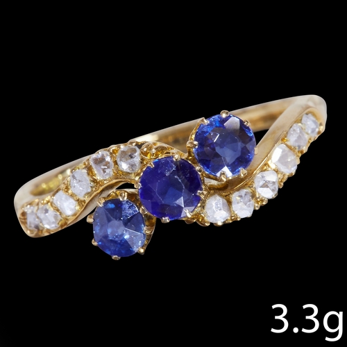 178 - SAPPHIRE AND DIAMOND TWIST RING,
3.3 grams, High carat gold.
Gemstones totalling approx. 1.07 ct.
Vi... 