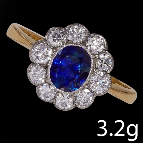 194 - SAPPHIRE AND DIAMOND CLUSTER RING,
3.2 grams,18 ct. gold.
Rich and vibrant sapphire of approx. 1.03 ... 