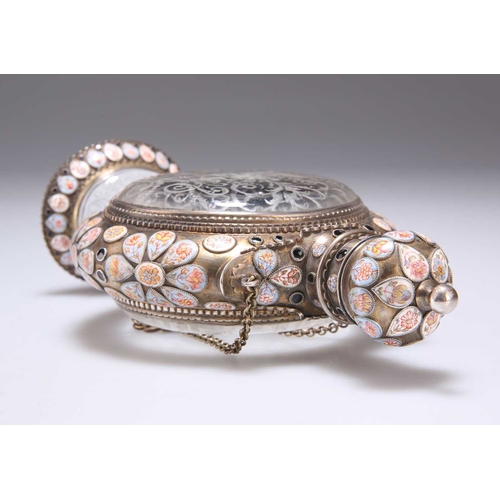 105 - HERMANN RATZERSDORFER, VIENNA, FINE SILVER, ENAMEL AND ROCK CRYSTAL FLASK,
330 grams 
The 2 rock cry... 