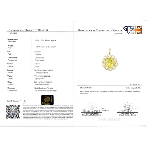 123 - IMPORTANT CERTIFICATED CEYON YELLOW SAPPHIRE AND DIAMOND PENDANT
Rich and vibrant yellow sapphire of... 