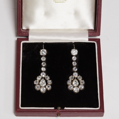 144 - EXCEPTIONAL PAIR OF ANTIQUE DIAMOND EARRINGS.
16.6 grams.
Fine old cut diamonds, totalling approx. 1... 