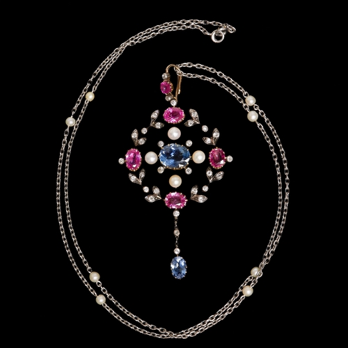 165 - EDWARDIAN NATURAL PEARL, DIAMOND AND PINK SAPPHIRE PENDANT WITH PEARL CHAIN.
17.2 grams. 
Pearls nat... 