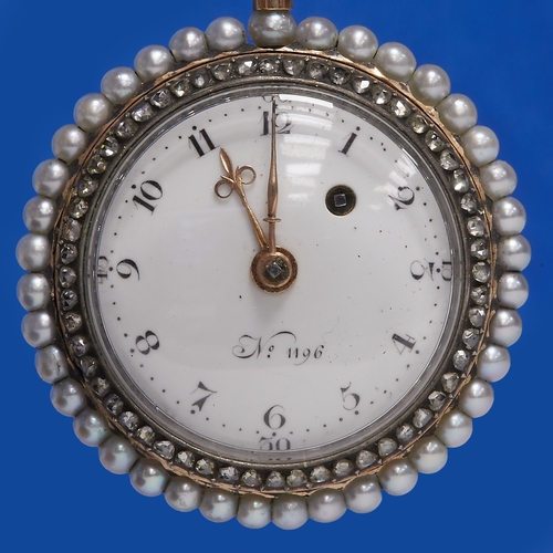 40 - FINE ENAMEL DIAMOND AND PEARL POCKET WATCH,
30 grams, 18 ct. gold.
Rich blue enamel.
Diamonds bright... 