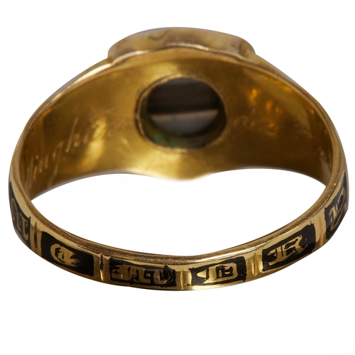 67 - ANTIQUE ENAMEL AND BANDED AGATE RING,
18 ct. gold.
The shank with gold text: In Memory Of.
Dated on ... 