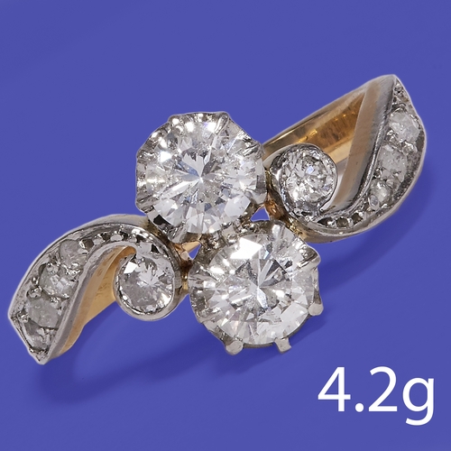 87 - DIAMOND TOI ET MOI RING,
4,2 grams, testing 18 ct. gold and platinum.
Diamonds totalling approx. 1.1... 