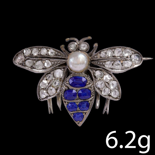 12 - VICTORIAN SAPPHIRE, DIAMOND AND PEARL BEE BROOCH 
6.2 grams 
rich vibrant sapphires with no abrasion... 