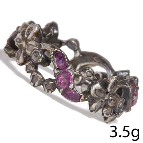 25 - ANTIQUE DIAMOND AND PINK SAPPHIRE ETERNITY RING,
3.5 grams.
Fine floral openwork design.
Size K.