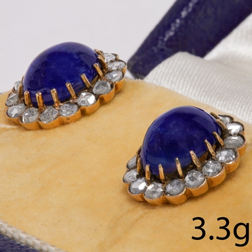 28 - PAIR OF SAPPHIRE AND DIAMOND CLUSTER EARRINGS, 
3.3 grams.
Each set with a cabochon cut blue sapphir... 