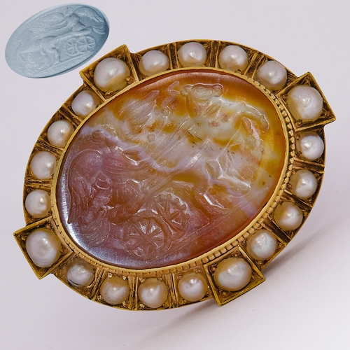 8 - VICTORIAN HARDSTONE  INTAGLIO AND PEARL BROOCH,
11.9 grams, High carat gold.
Carved hardstone intagl... 