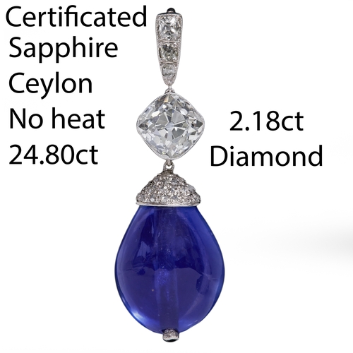 115 - EXQUISIT CERTIFICATED 24.80 CT. CEYLON SAPPHIRE AND DIAMOND PENDANT.
Rich and vibrant sapphire of ap... 