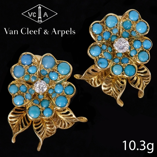 39 - VAN CLEEF & ARPELS N.Y, PAIR OF UNUSUAL TURQUOISE AND DIAMOND FLORAL EARRINGS,
10.3 grams, 18 ct. go... 