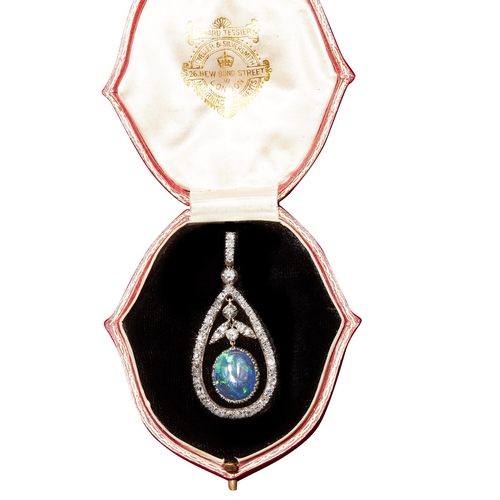 107 - FINE BLACK OPAL AND DIAMOND PENDANT. 
6.1 grams, 
Fine black opal with good play of colour, of appro... 