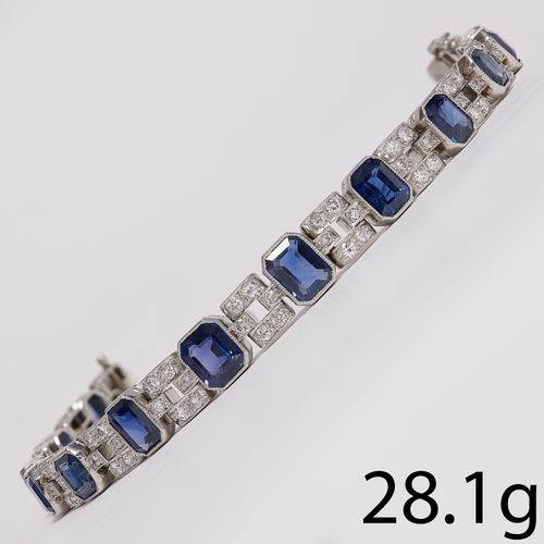 182 - FINE ART-DECO SAPPHIRE AND DIAMOND BRACELET,
28.1 grams. Platinum.
Vibrant blue sapphires, totalling... 