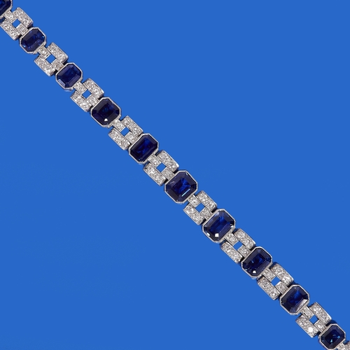 182 - FINE ART-DECO SAPPHIRE AND DIAMOND BRACELET,
28.1 grams. Platinum.
Vibrant blue sapphires, totalling... 