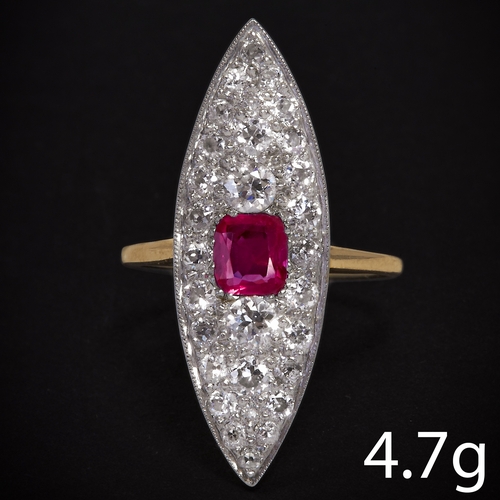 95 - MARQUISE SHAPED RUBY AND DIAMOND RING,
4,7 grams, Testing high carat gold.
L. head 31.6 mm.
Size N.