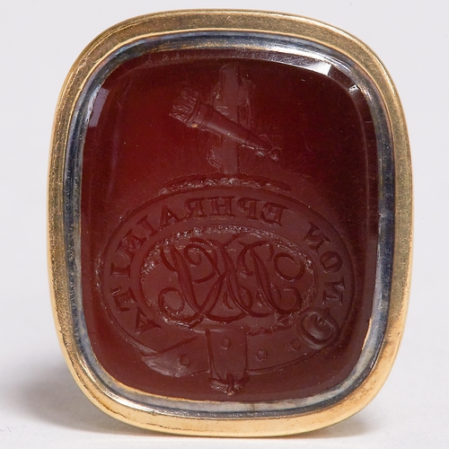 140 - ANTIQUE GOLD FOB SEAL,
12.6 grams. Testing high carat gold.
The carved intaglio depicting a crest wi... 