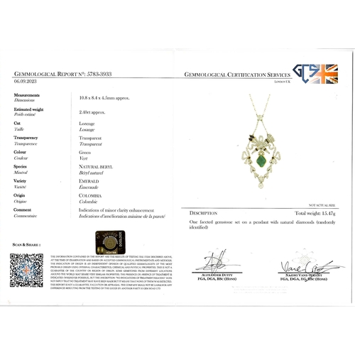 154 - IMPORTANT ELEGANT BELLE EPOQUE CERTIFICATED COLOMBIAN MINOR EMERALD, DIAMOND AND ONYX PENDANT NECKLA... 