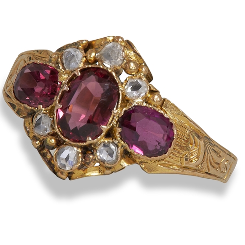 3 - VICTORIAN GARNET AND DIAMOND RING,
15 ct. gold.
Vibrant garnets.
Diamonds bright and lively.
Size M.