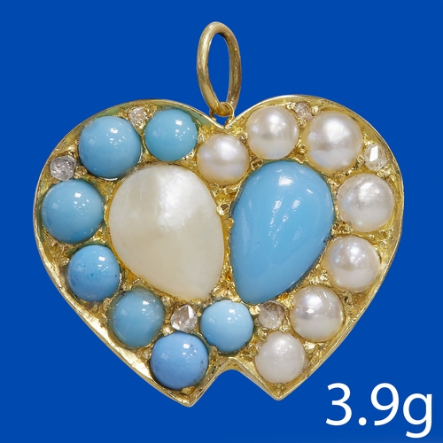 6 - ANTIQUE TURQUOISE PEARL AND DIAMOND DOUBLE HEART PENDANT,
3.9 grams, High carat gold.
Turquoise well... 