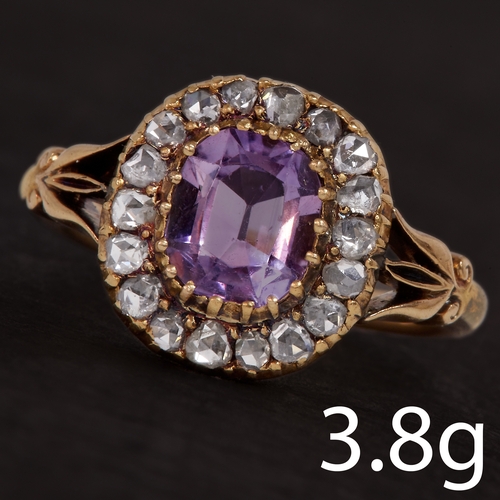 132 - ANTIQUE AMETHYST AND DIAMOND CLUSTER RING,
4.6 grams, 18 ct. gold.
Size M.