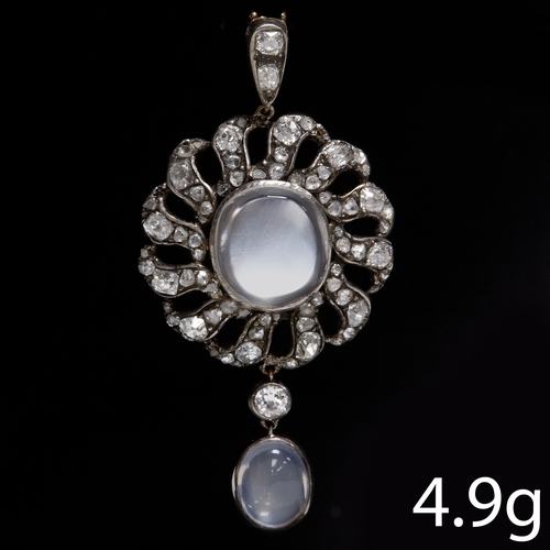 165 - LARGE MOONSTONE AND DIAMOND CLUSTER PENDANT,
4.9 grams. High carat gold and silver.
Diamonds bright ... 