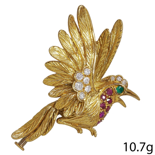 65 - FRENCH BIRD OF PARADISE, DIAMOND, RUBY AND EMERALD BROOCH 
10.7 grams 18 ct 
bright diamonds
vibrant... 