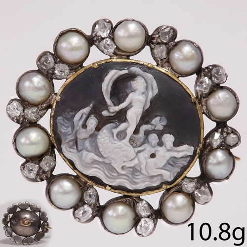 90 - FINE AND RAGE GEORGIAN CAMEO DIAMOND AND PEARL BROOCH,
10.8 grams.
The fine cared cameo depicting a ... 