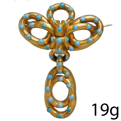 129 - VICTORIAN TURQUOISE GOLD KNOT BROOCH,
19 grams.
Vibrant turquoise.
Locket back.
L. 7.1 cm.