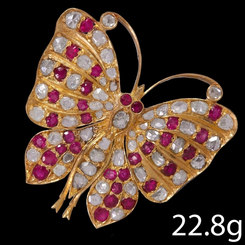 150 - FINE RUBY AND DIAMOND BUTTERFLY BROOCH,
22.8 grams, testing 18 t. gold.
Bright and lively diamonds, ... 