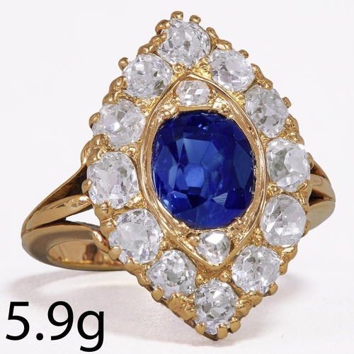 156 - SAPPHIRE AND DIAMOND MARQUISE SHAPED RING,
5.9 grams, 18 ct. gold.
Vibrant sapphire of approx. 2.15 ... 